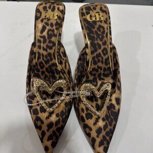 GB Heart-Eyes Leopard Print Satin Heart Ornament Dress Mules Heel Size 10